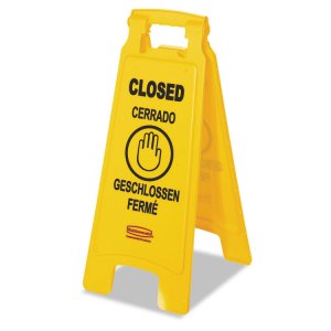 Rubbermaid RCP 611278YW Commercial Closed Multi-lingual Floor Sign - 1