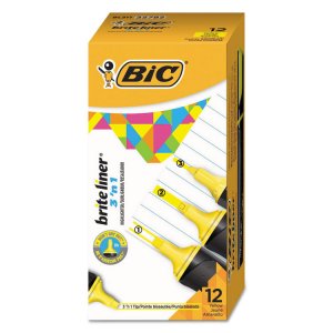 Bic BL311-YEL Brite Liner 3'n-1 Highlighter - Yellow - 12  Dozen