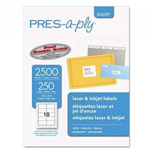 Avery 30609 Pres-a-ply 2 X 4 White Laser 10 Labelssheet (250 Sheetsbox