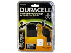 Bulk EC469 Duracell 3.1 Amp Dual Port Wall Charger With Retractable Mi