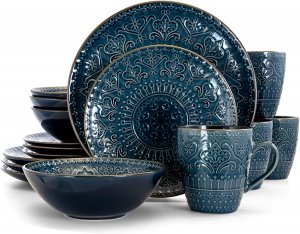 Elama ELM-ESTEVAN Estevan 16 Piece Round Textured Stoneware Dinnerware