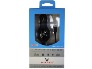 Bulk CA657 Votec Black Micro Usb Rubberized Coiled Cable Car Charger