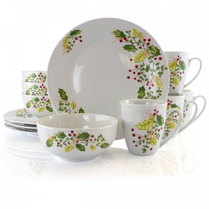 Gibson 124421.12 Home Holiday Holly 12 Piece Fine Ceramic Dinnerware S