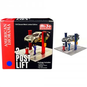 American 38376 Two Post Lift (blue) With Mechanic Figurine And Oil Dra