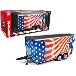 Autoworld AMM1266 Four Wheel Enclosed Car Trailer With American Flag G