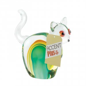 Accent 10019070 Elegant Green And Yellow Art Glass Cat Figurine