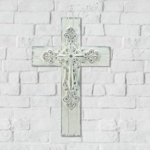 Accent 10018692 Ornate Rustic Whitewashed Wall Cross