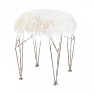 Accent 10019064 Silver Geometric Vanity Stool With White Faux Fur