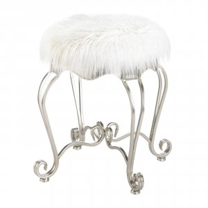 Accent 10019065 Silver Scrolled Vanity Stool With White Faux Fur