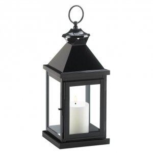 Gallery 10019027 Glossy Black Metal Candle Lantern - 14.25 Inches