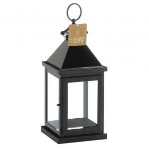 Gallery 10019027 Glossy Black Metal Candle Lantern - 14.25 Inches