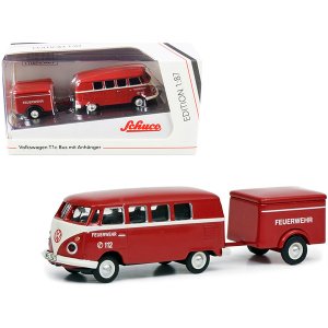 Schuco 452661800 Volkswagen T1c Bus With Trailer Red And Cream Feuerwe