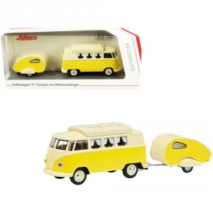 Schuco 452026700 Volkswagen T1 Camper Bus With Travel Trailer Yellow A