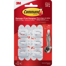 3m MMM 17006 Command Mini White Hooks With White Strips - 6 Small Hook