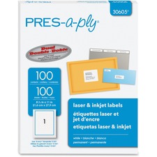 Avery AVE 30605 Pres-a-ply 8 12 X 11 White Laser 1 Labelsheet (100 She