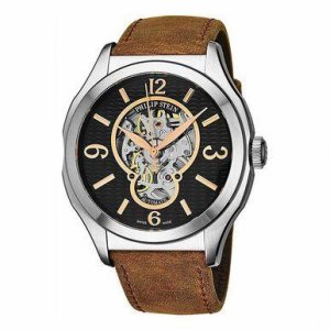 Philip 17ASKFBCASSTBR Prestige Black Skeleton Dial Brown Leather Men's