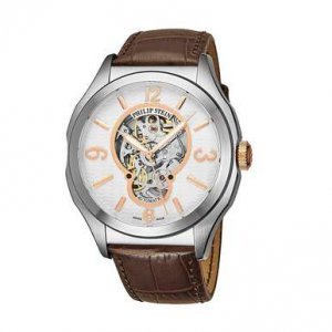 Philip 17ASKFWCSTACH Prestige White Skeleton Dial Men's Brown Leather 