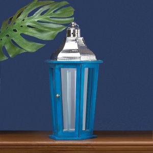 Nikki 5001064 Blue Wood Candle Lantern With Stainless Steel Top - 24 I