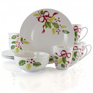 Gibson 124422.12 Home Holiday Ribbon 12 Piece Fine Ceramic Dinnerware 