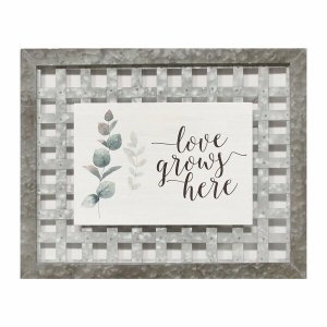 Homeroots.co 373163 Love Grows Here Woven Galvanized Metal Wall Decor