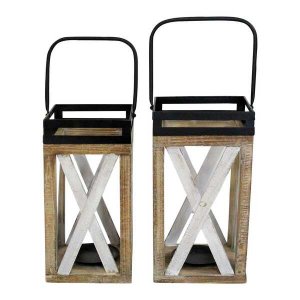 Homeroots.co 373283 S2 Whitewash Wood  Metal Lanterns W Swivel Handles