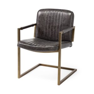 Homeroots.co 380619 Black Leather Seat Accent Chair With Brass Frame