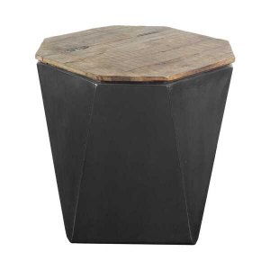 Homeroots.co 380665 Black Metal And Natural Wood Hinged-top Side Table