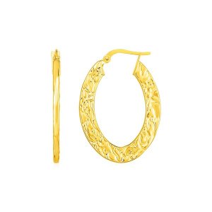 Unbranded 26829 14k Yellow Gold Textured Flat Oval Hoop Earrings