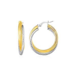 Unbranded 55983 Two Part Textured And Shiny Hoop Earrings In 14k Yello