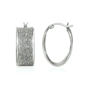 Unbranded 35004 Glitter Textured Wide Oval Hoop Earrings In Sterling S