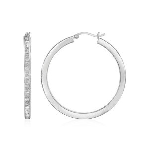 Unbranded 73733 Glitter Textured Tube Hoop Earrings In Sterling Silver