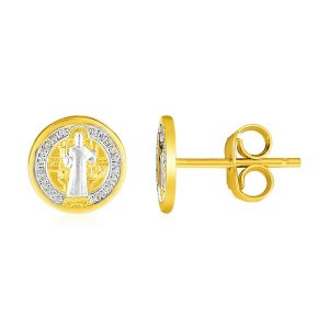 Unbranded 75406 14k Two Tone Gold Round Religious Medal Post Earrings