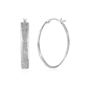 Unbranded 53864 Glitter Textured Oval Hoop Earrings In Sterling Silver