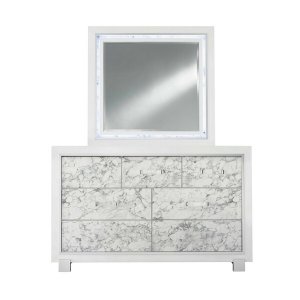 Homeroots.co 384040 Modern White Mirror With Faux Marble Border Detail