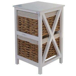 Homeroots.co 383038 White Wooden Side Table With 2 Lined Basket Weave 