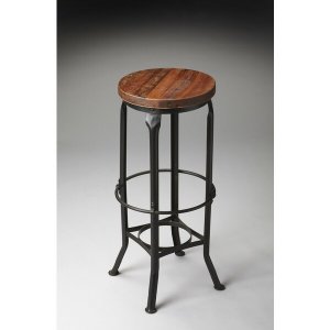 Homeroots.co 383199 Modern Solid Wooden Round Bar Stool With Distresse