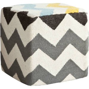 Homeroots.co 380601 Ivory And Charcoal Wool Square Pouf With Zig Zag P