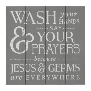 Homeroots.co 380850 Gray Wood Wash Jesus And Germs Bathroom Wall Art