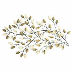 Homeroots.co 321341 Gold And Beige Metal Blowing Leaves Wall Decor