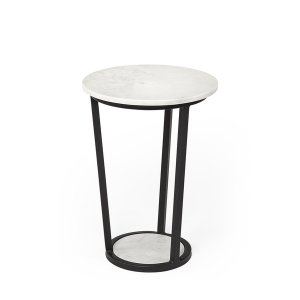 Homeroots.co 380683 15 Round White Marble Top Accent Table With Black 