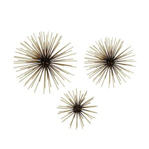 Homeroots.co 376620 Set Of 3 Starburst Black And Gold Metal Wall Art