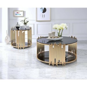 Homeroots.co 286382 25 X 25 X 22 Black Glass And Gold End Table