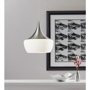 Homeroots.co 372853 Gnome Alabaster Glass Brushed Steel Pendant Lamp