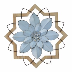 Homeroots.co 373396 Light Blue Flower Metal  Wood Framed Wall Art