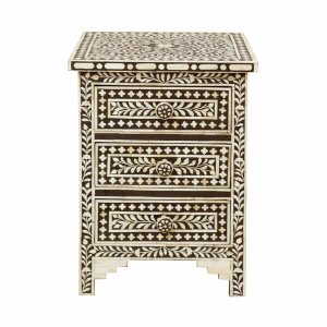 Homeroots.co 373008 Moroccan Brown And White Bone 3 Drawer Accent Cabi