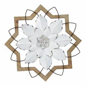 Homeroots.co 373395 Metal White Flower  Wood Frame Wall Art