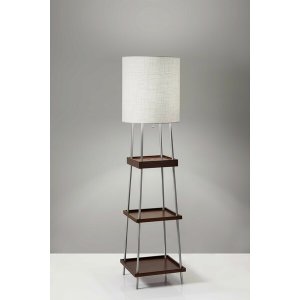 Homeroots.co 372586 Walnut Wood Metal Shelf Floor Lamp With Charging S