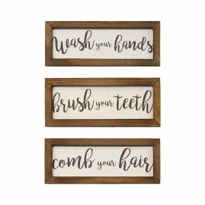 Homeroots.co 373199 Set Of 3 Linen Bathroom Rules Wood Framed Wall Art