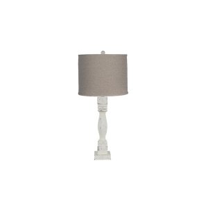 Homeroots.co 380173 Distressed White Table Lamp With Neutral Fabric Sh