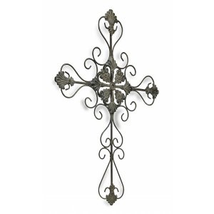 Homeroots.co 379859 Gray Metal Scroll Design Gray Hanging Cross Wall D